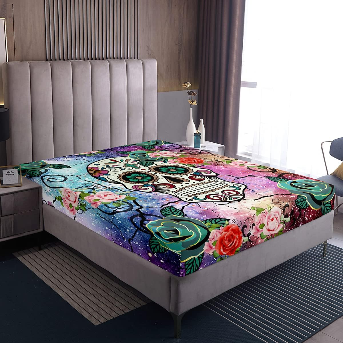 Loussiesd Sugar Skull Fitted Bed Sheets 100% Polyester Soft and Comfortable Sheets Machine Washable Breathable Fabric Single(90 x 190+30cm) Roses Flowers Only Bedsheet No Pillowcases