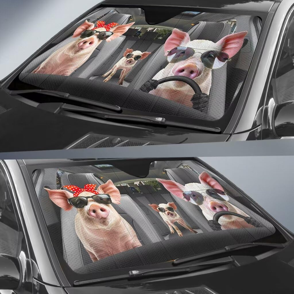 Personalized Foldable Windshield Sun Shade Funny for Car Truck & SUV Pig Driving Auto Front Windshield Sunshade Protector Blocks UV Rays and Keep Vehicle Cool(57x27.5 Inches)
