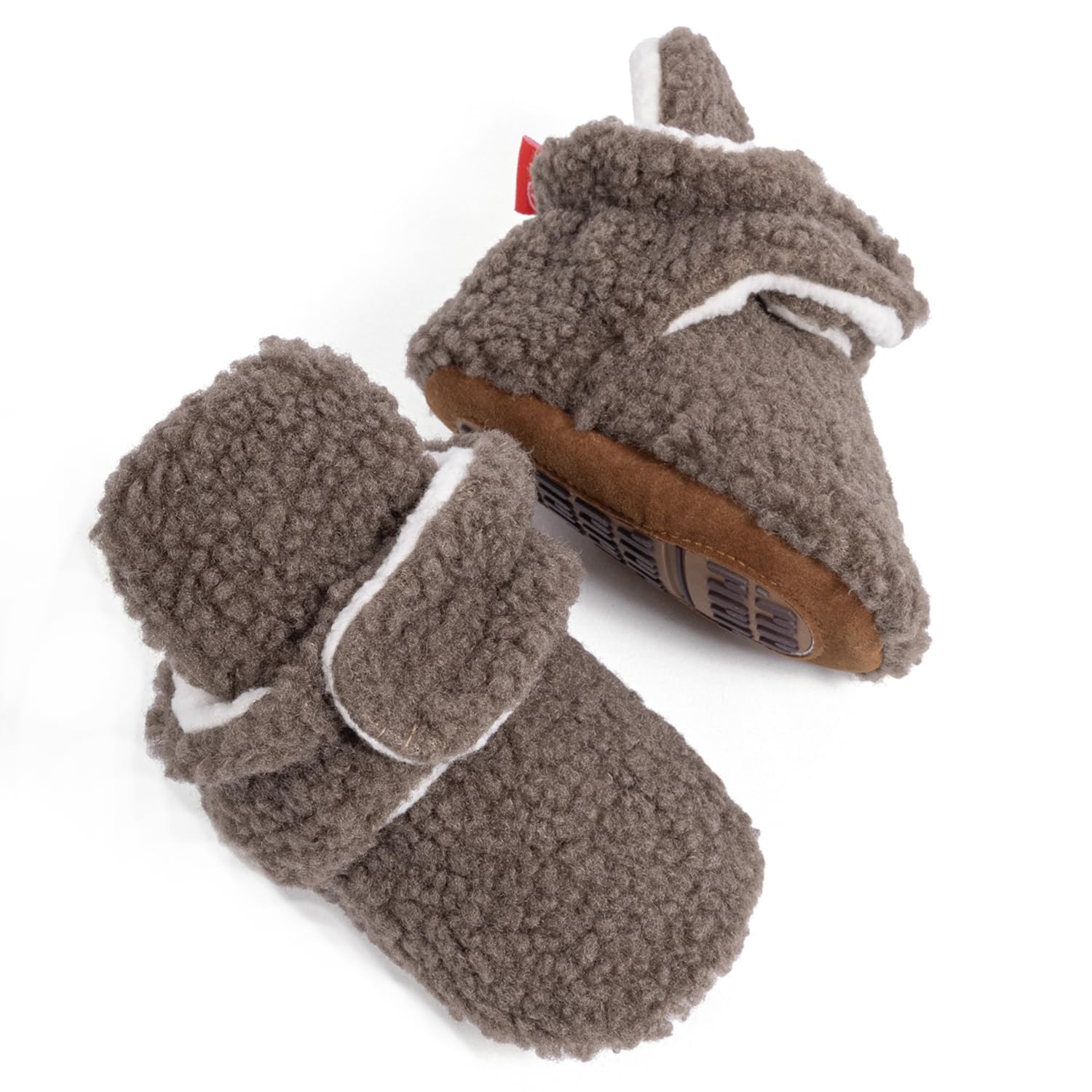 HsdsBebe Infant Baby Boys Girls Cozy Fleece Booties with Grippers Toddler Soft Rubber Sole Stay On Boots Newborn Warm Slipper Shoes(HM2210 grayish brown,3)