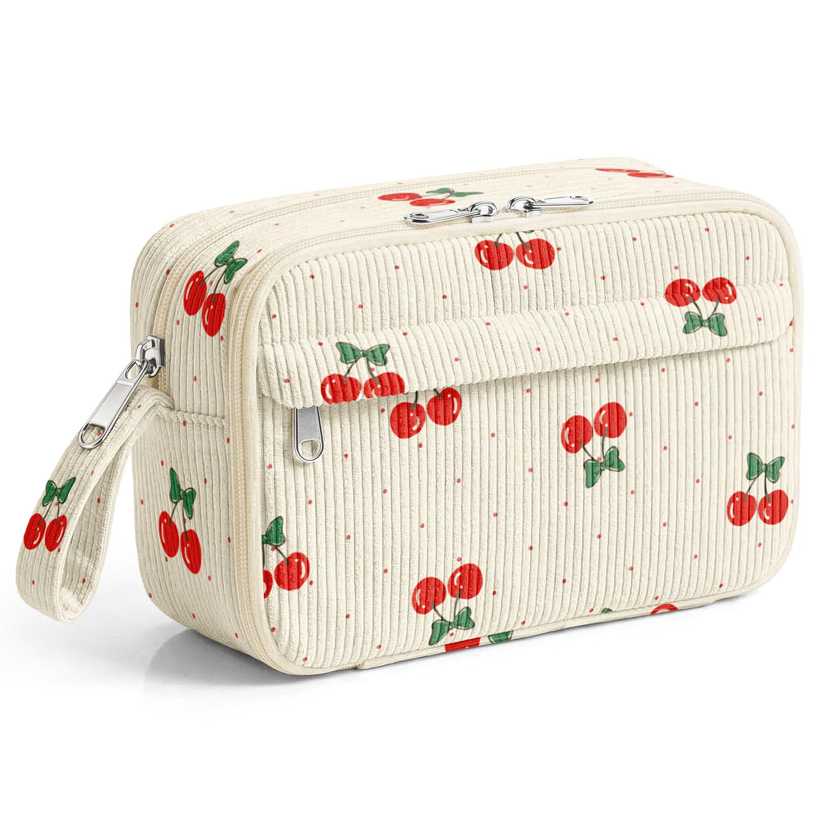 WOBAGMEN Cute Pencil Case,Large Corduroy Zippered Pencil Case Pouch, aesthetic Pencil Bag with Compartments, Pencil Pouch School Supplies (Cherry Polka Dots)