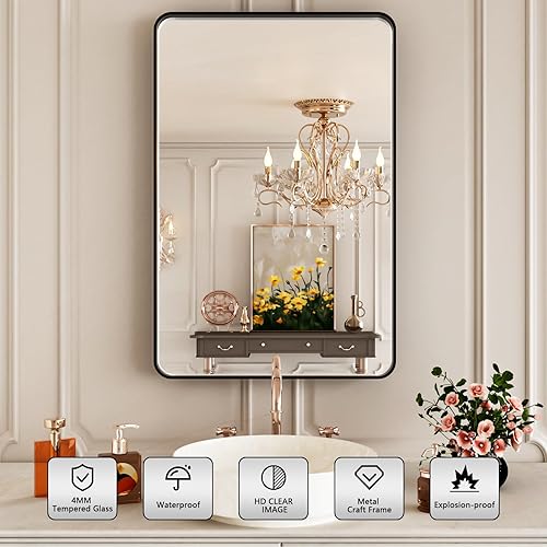 Miniatura 2 de ISTRIPMF Espejo de baño negro de 22 x 30 pulgadas, espejo de pared rectangular para baño, espejo de esquina redonda con marco de metal negro mate