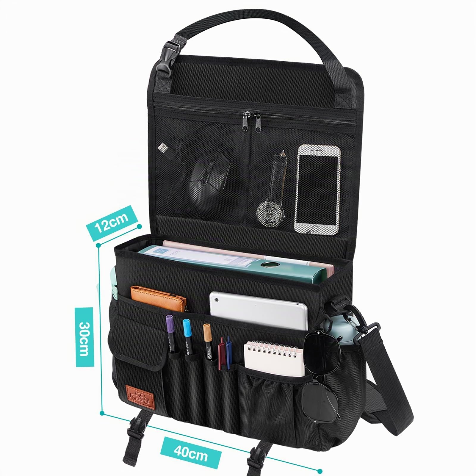 Eurhomewit Organizer per Sedile Auto, Multiuso Borsa Portaoggetti per Sedile Auto con Compartimento per Laptop, Portatile Messenger Bag, Portadocumenti, Nero