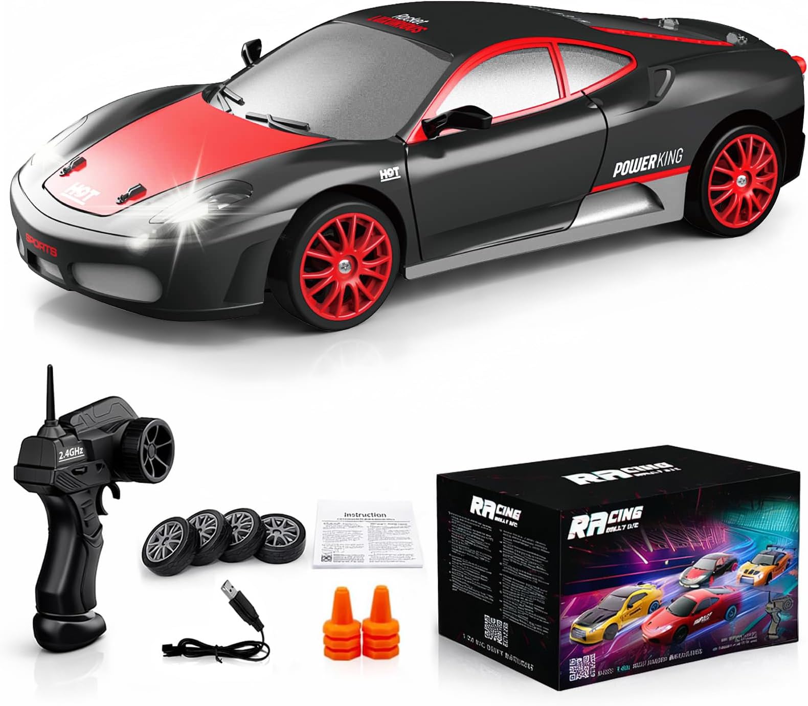 Remote Control Car RC Drift Car 2.4GHz 1:24 Scale 4WD 15KM/H High Speed Model Vehicle with LED Lights Drifting Tire Racing Sport Toy Car for Adults Boys Girls Kids Gift 2Pcs