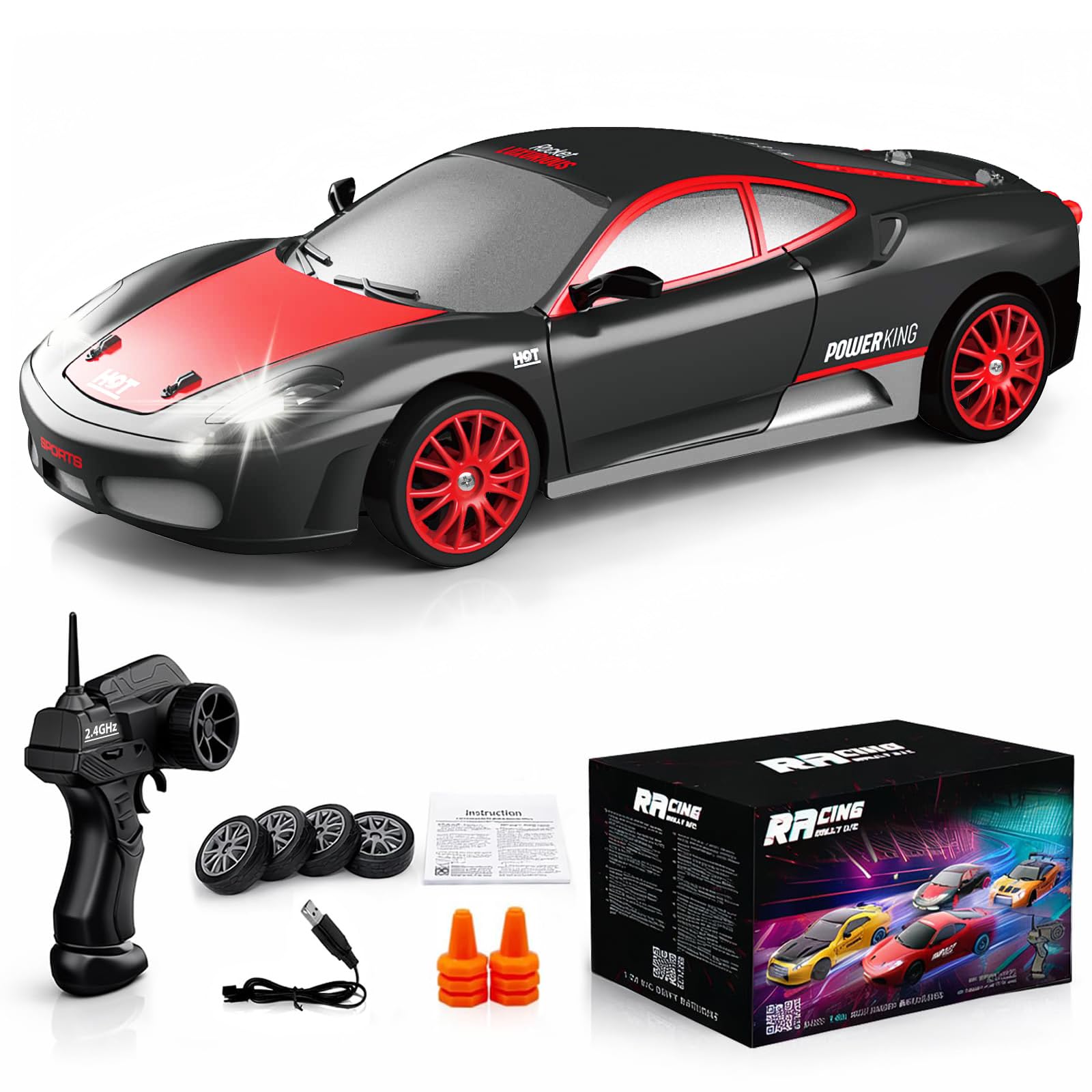 Remote Control Car RC Drift Car 2.4GHz 1:24 Scale 4WD 15KM/H High Speed Model Vehicle with LED Lights Drifting Tire Racing Sport Toy Car for Adults Boys Girls Kids Gift 2Pcs