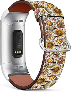 Compatible with Fitbit Charge 4 / Charge 3 / Charge 3 SE Patterned Leather Replacement Band (Thanksgiving Turkey Pumpkin Sunflower-2)