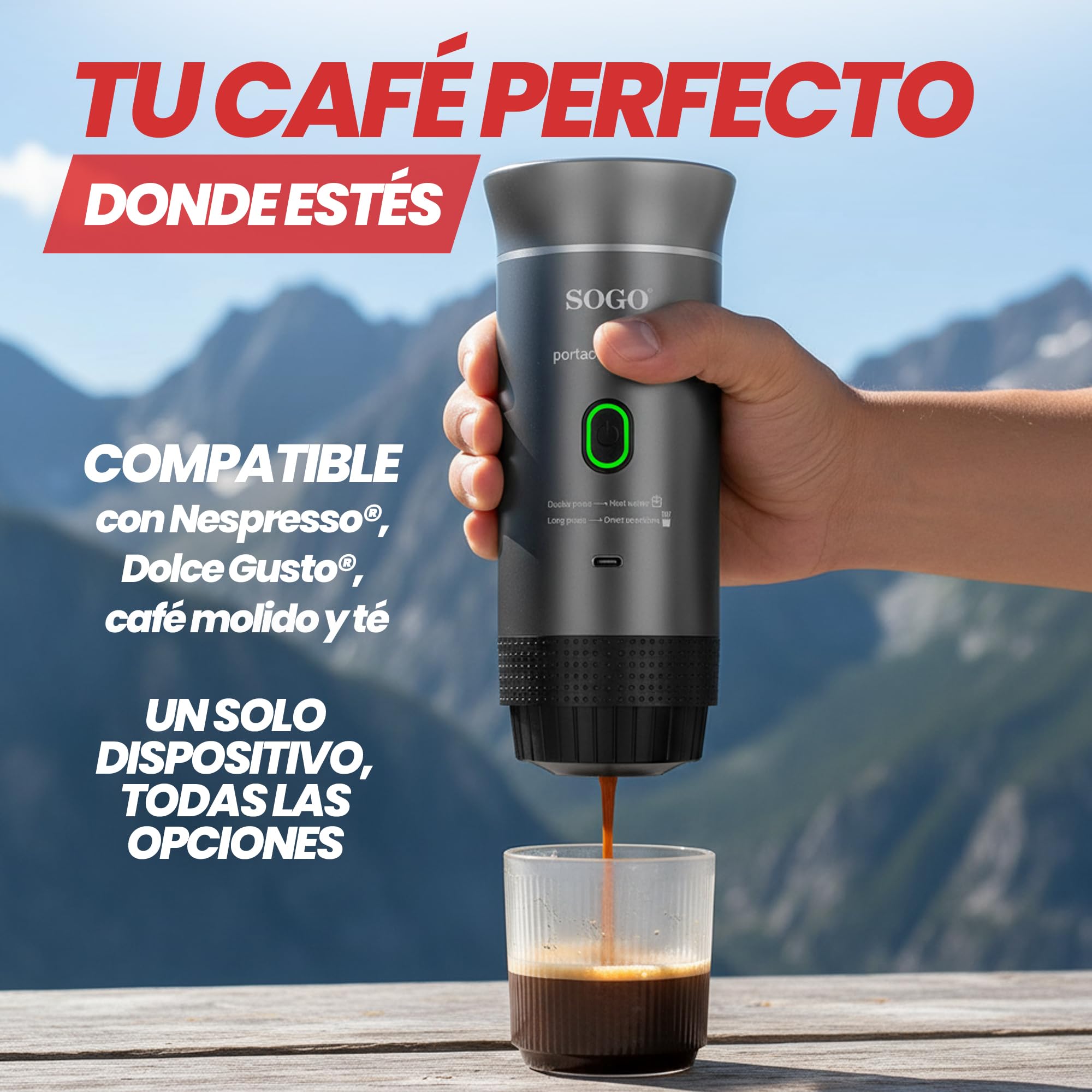 SOGO Cafetera Portátil Recargable 4 en 1 para Cápsulas y Café Molido - Mini Cafetera Compatible Nespresso y Dolce Gusto - Máquina de Café para Viajes Compacta con Función Caliente y Fría