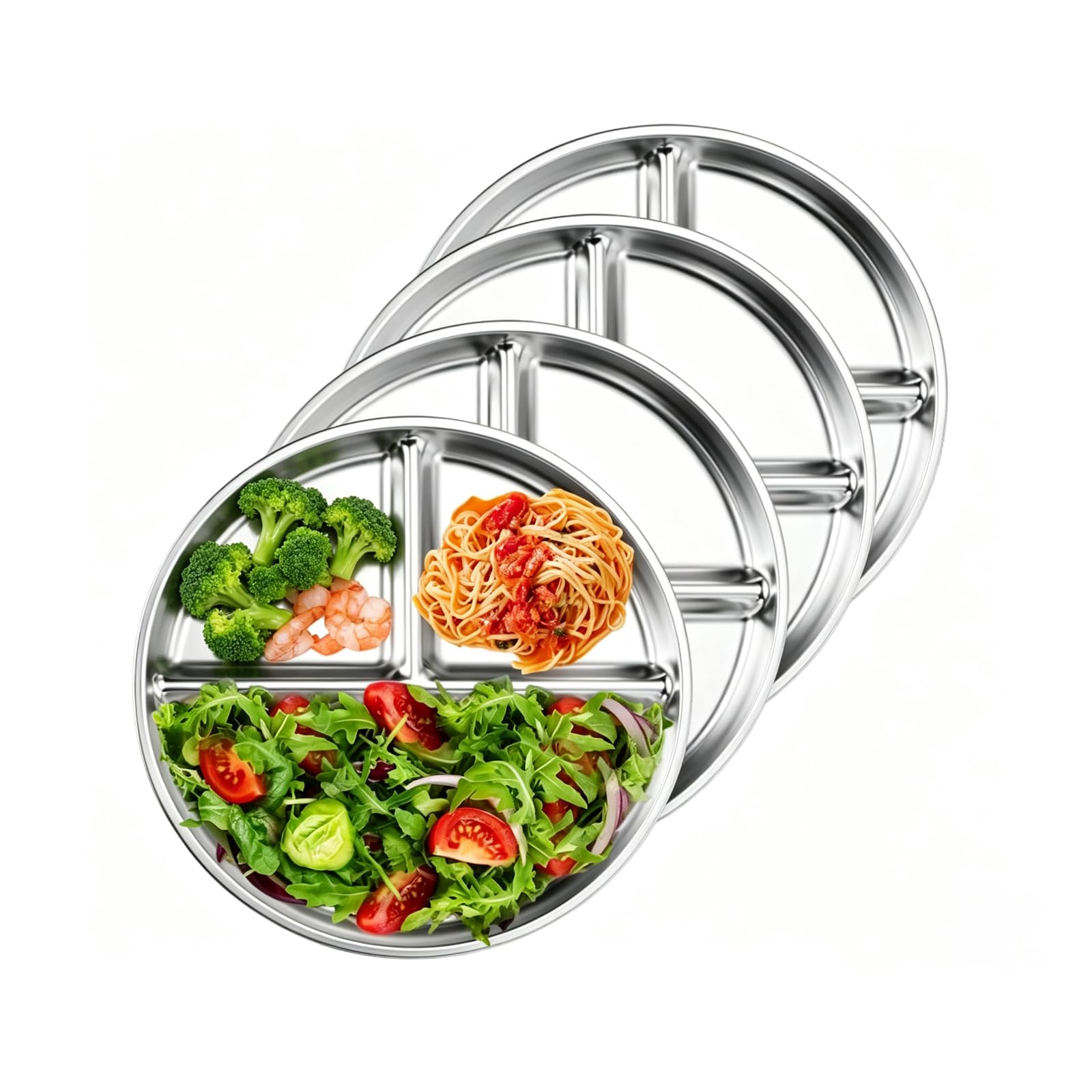 JAWAI 4 Pièce Assiette Inox, Assiettes Divisées en Acier Inoxydable 23 cm | Inox, 4 Pièces, Compartimentées, 23 cm