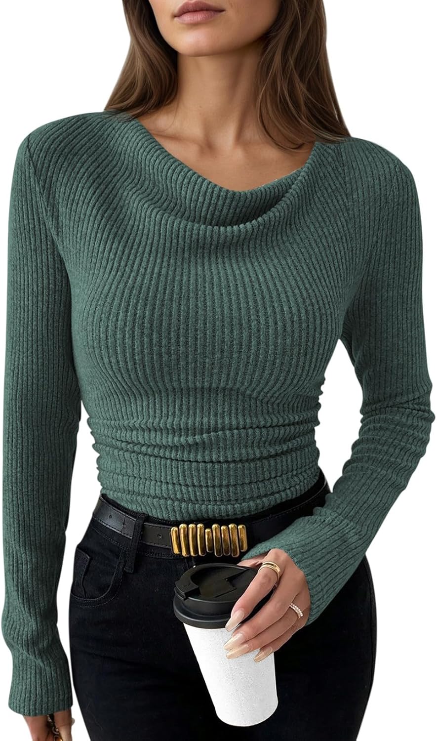 Pink Queen 2026 Spring Cowl Neck Tops for Women Long Sleeve Ruched Slim Fit Ribbed Knit Basic Shirts