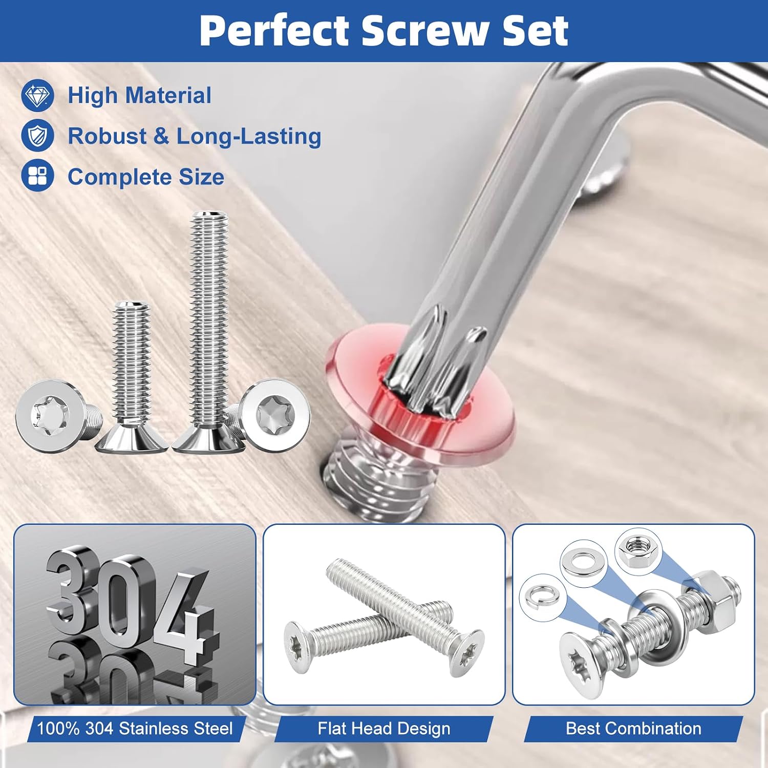 175Pcs M6 Torx Bolts and Nuts Set, Countersunk Head Torx Screws Bolts, Flat Head Machine Screws, Security Anti-Theft Screw, 304 Stainless Steel, Full Thread Pitch : 1.0 mm, with T30 Wrench.
