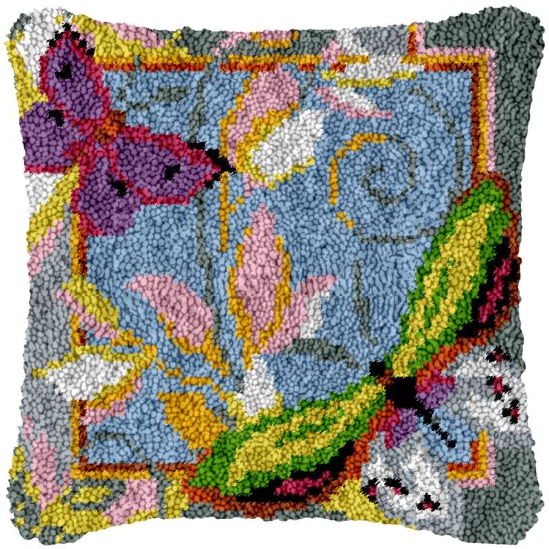 Latch Hook Kits Pillow Butterfly Dragonfly Cover for Beginner Color Printed Canvas DIY Yarn Crocheting Carpet Cushion Embroidery Hook and Latch Pillowcase Sofa Decoration 43x43cm