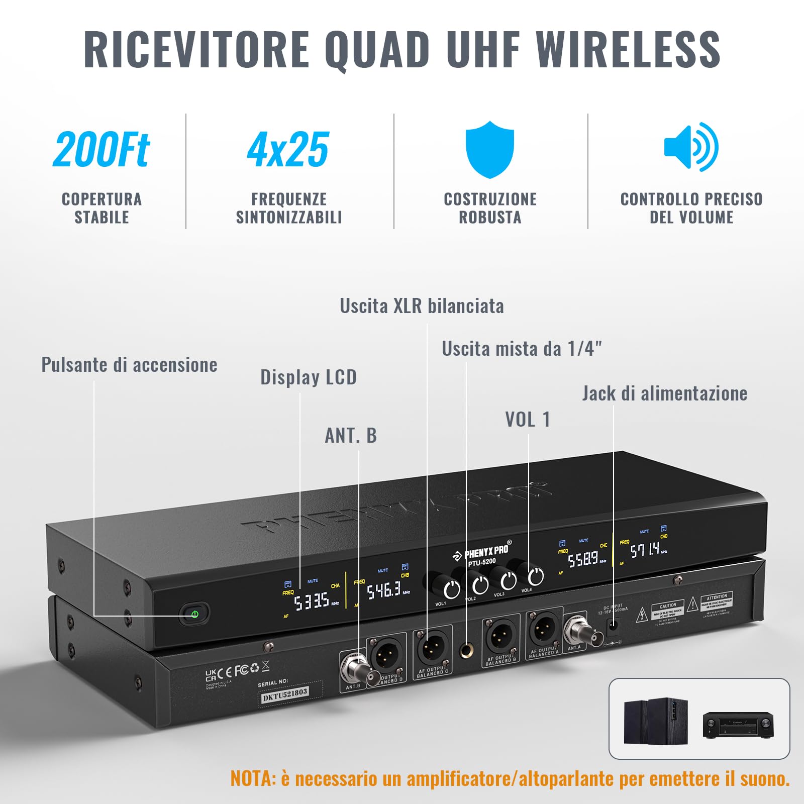 Phenyx Pro Sistema microfono wireless professionale a 4 canali con microfoni palmari, bodypack, archetto, da bavero, 4 x 25 frequenze UHF per canto, karaoke, chiesa (PTU-5200-2H2B)