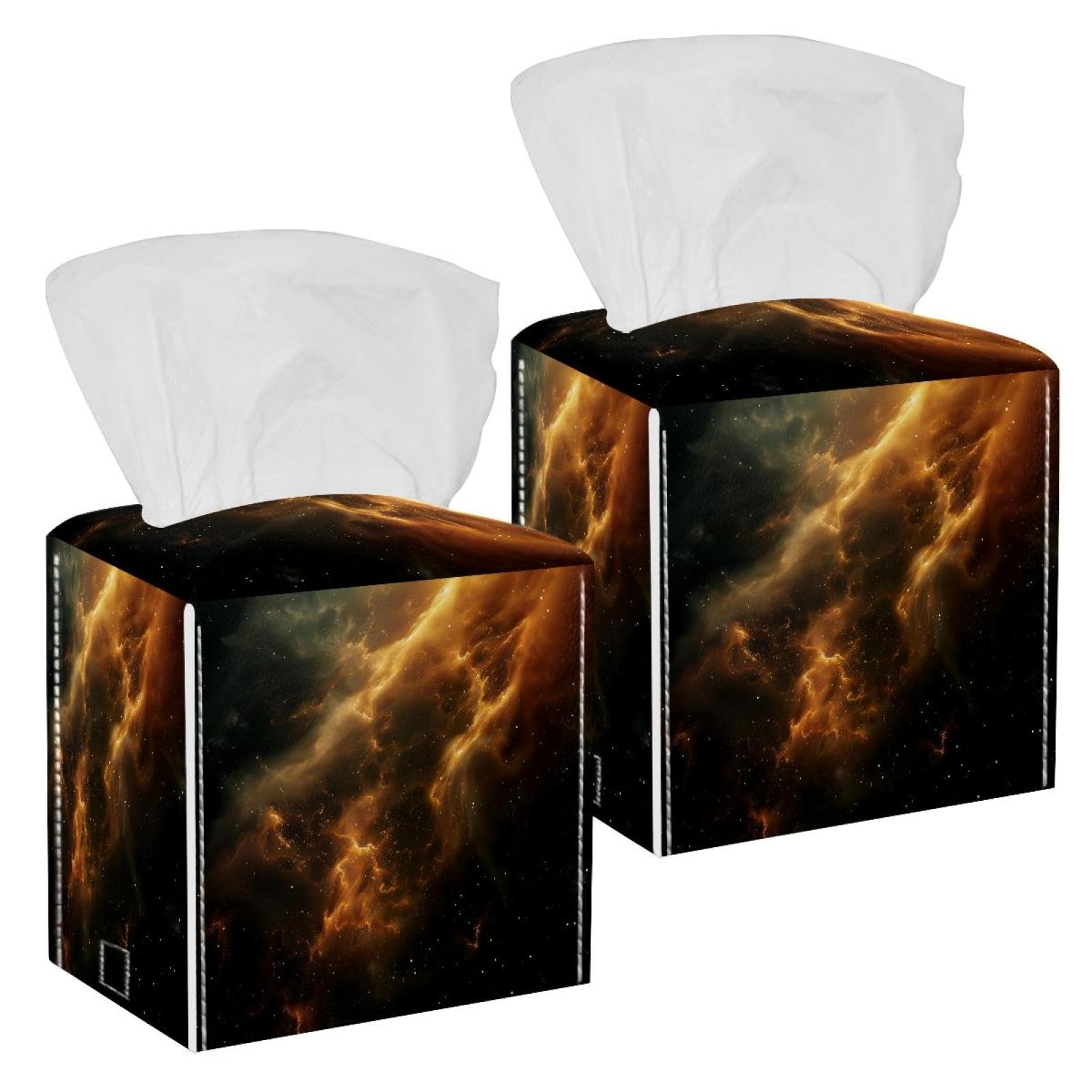 Stars Nebula Tissue Box Cover, 2 Pack PU Leather Square Facial Tissue Dispenser Box holder for Home Office Car