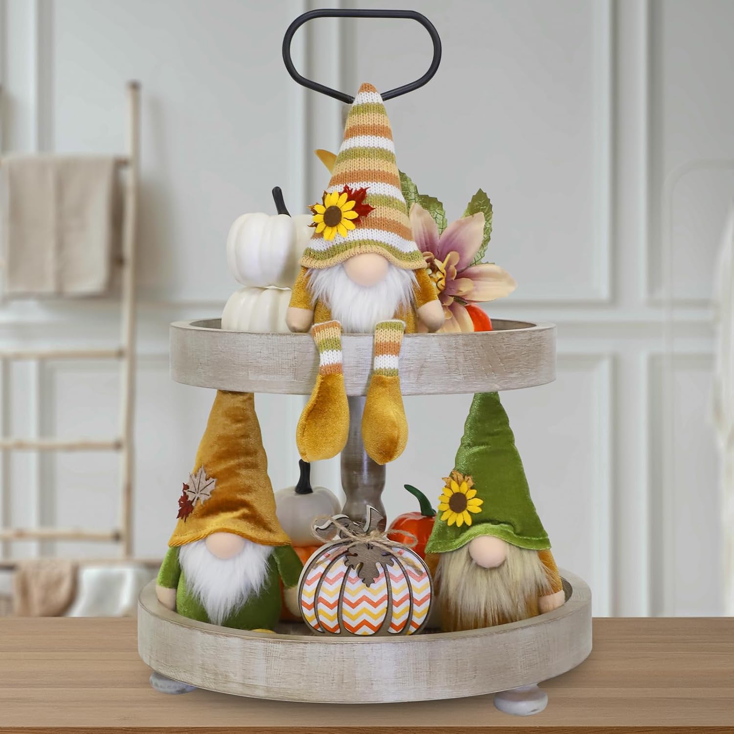 DAZONGE Thanksgiving Decor, 3PCS Harvest Gnomes Plush for Tiered Tray Decor, Thanksgiving Decorations for Home, Fall Leaves and Dangle Legs Gnomes for Home Decorations - Image 3