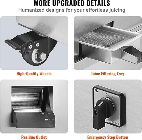 Miniatura 6 de VEVOR Exprimidor eléctrico de caña de azúcar, máquina exprimidora de caña de azúcar de 750 W con alto rendimiento de 661 lbsh, 3 rodillos de acero
