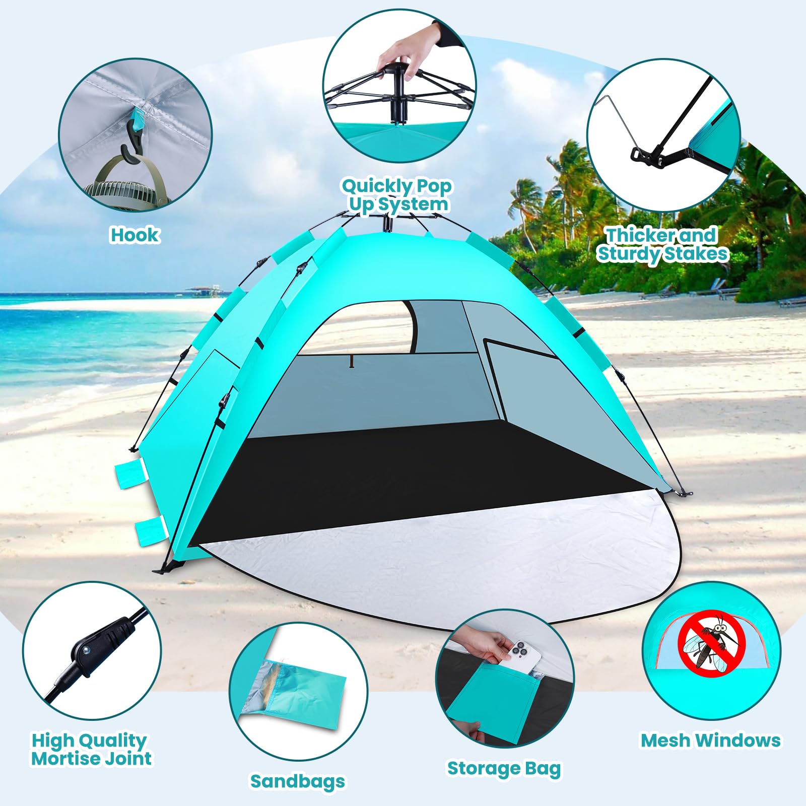 WARMTUYO Tienda de Playa Pop Up | Tienda Playa Instantánea en 3 Segundos para 3-4 Personas, Protección UV50+, Resistente al Viento, Ligera y Portátil para Playa y Camping