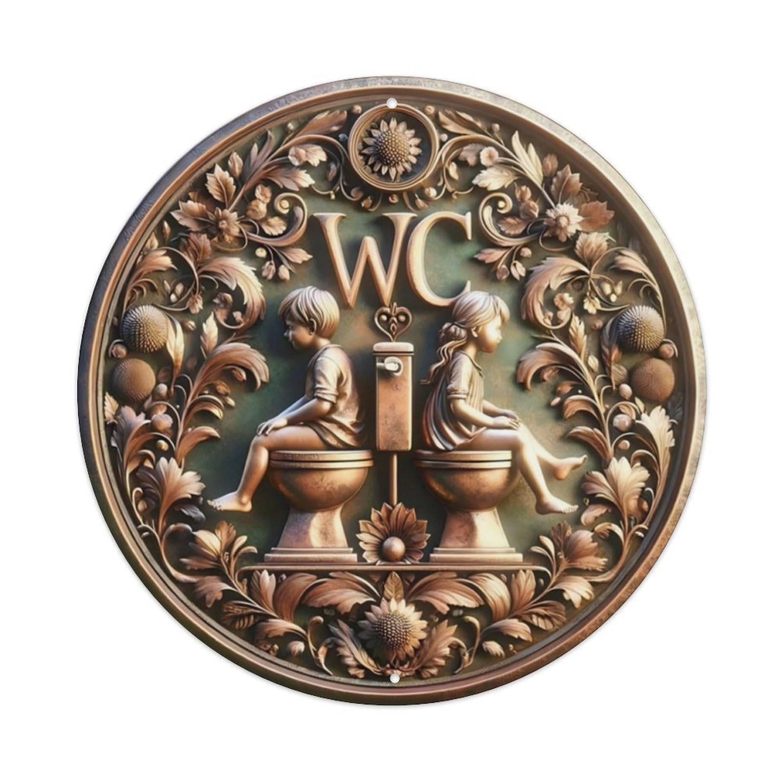 Vintage Bronze Floral Kids Relief Men Women WC Round Door Sign Vintage Aluminium Metal Sign, Retro Wall Decor for Home, Bar, Garage & Farmhouse 20x20cm