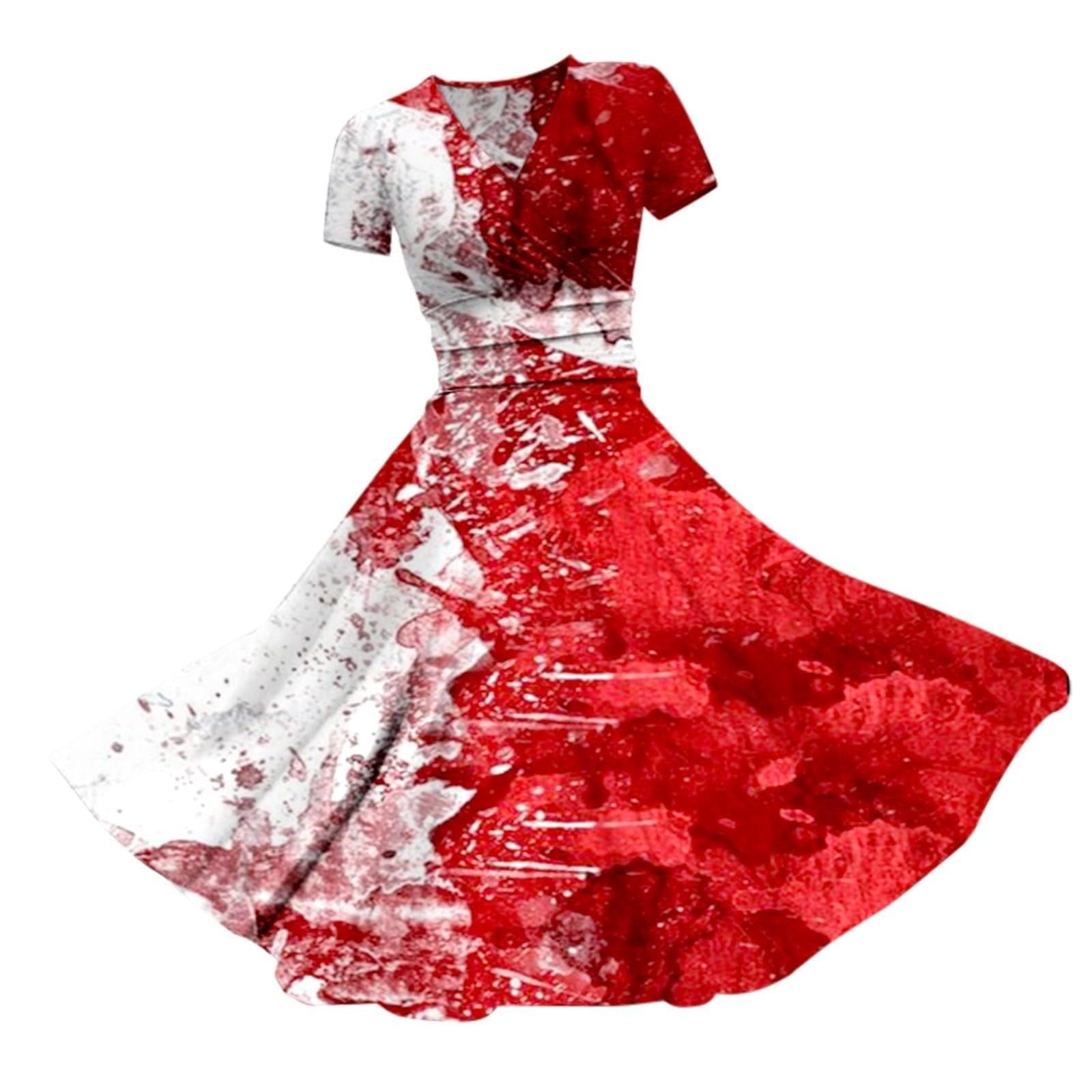 HUIFUAO Halloween Dresses for Women Scary Bloody Fancy Dress Plus Size Halloween Costumes V Neck Short Sleeve Party Evening Horror Festival Cosplay Outfits Clothes (Z02 Red #1, XXL)