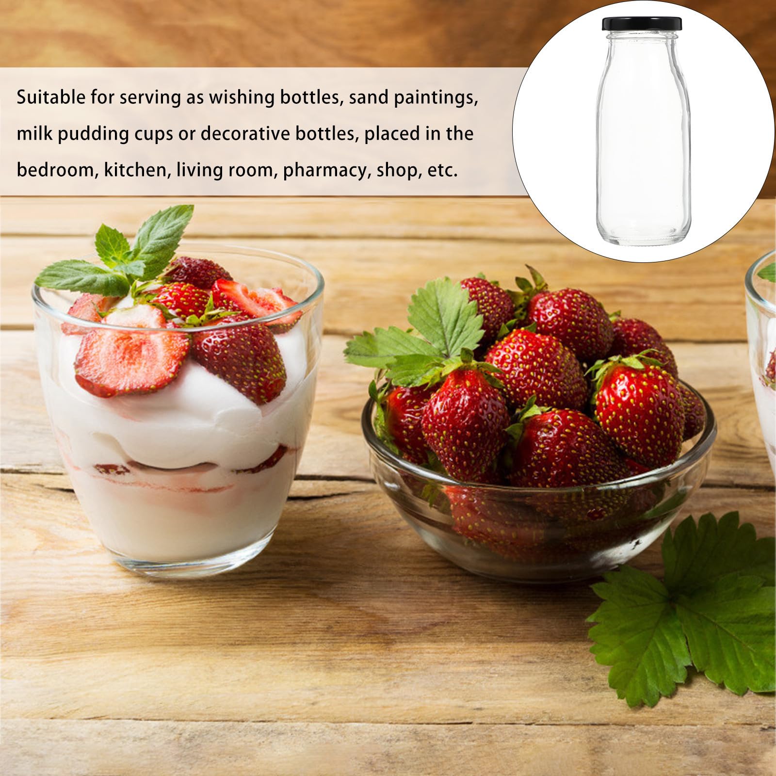 Housoutil Verdickte 250ml Glasflasche mit Schwarzem Deckel Stabile Milchflasche für Joghurt und Saft Verschließbar und Tragbar für Familien und Restaurants