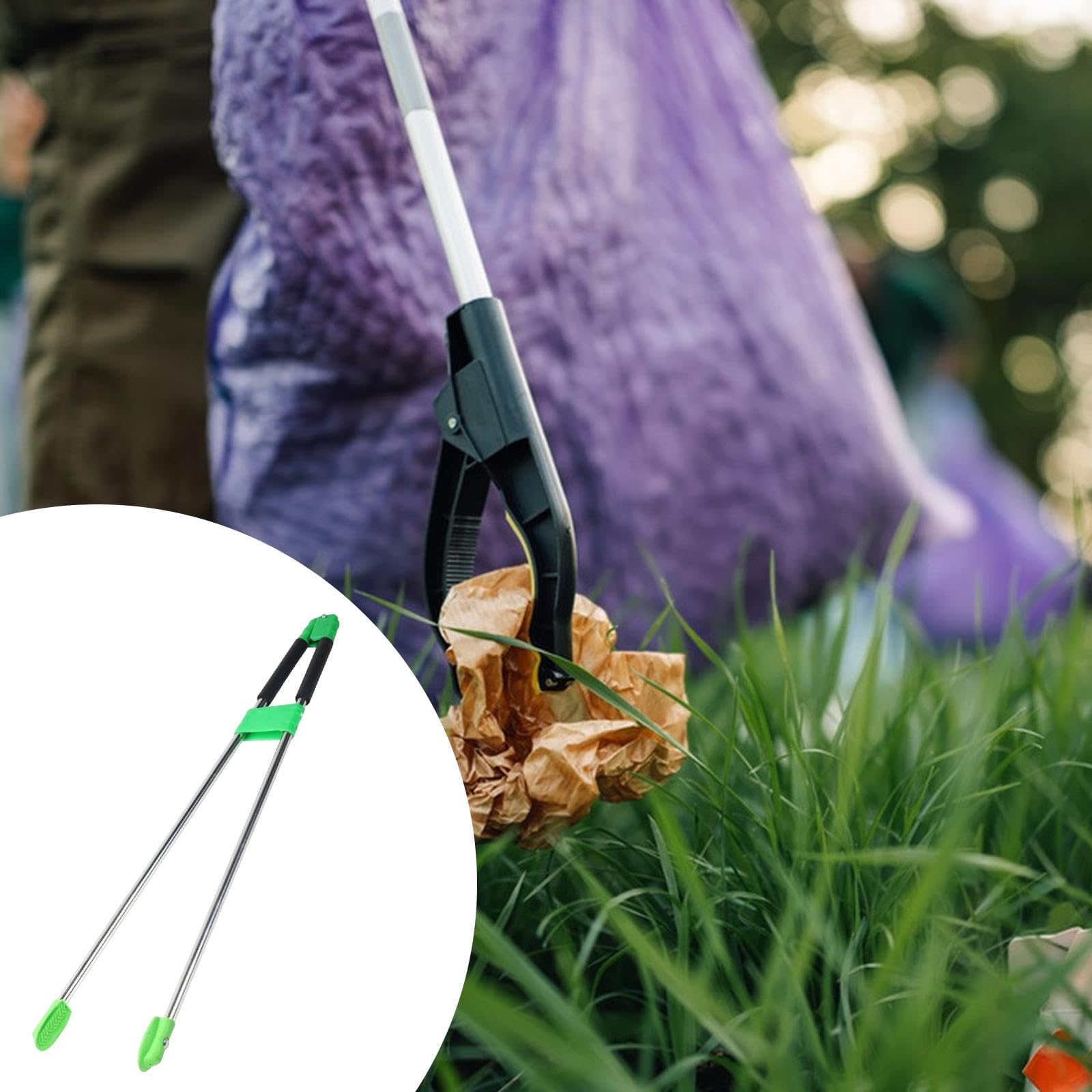 Pinza para Basura Recogedor Herramienta de Alcance Recogedor de Residuos con Barra Extra Larga Y Mango Cómodo Fabricada en Acero Inoxidable Adecuada P, Verde