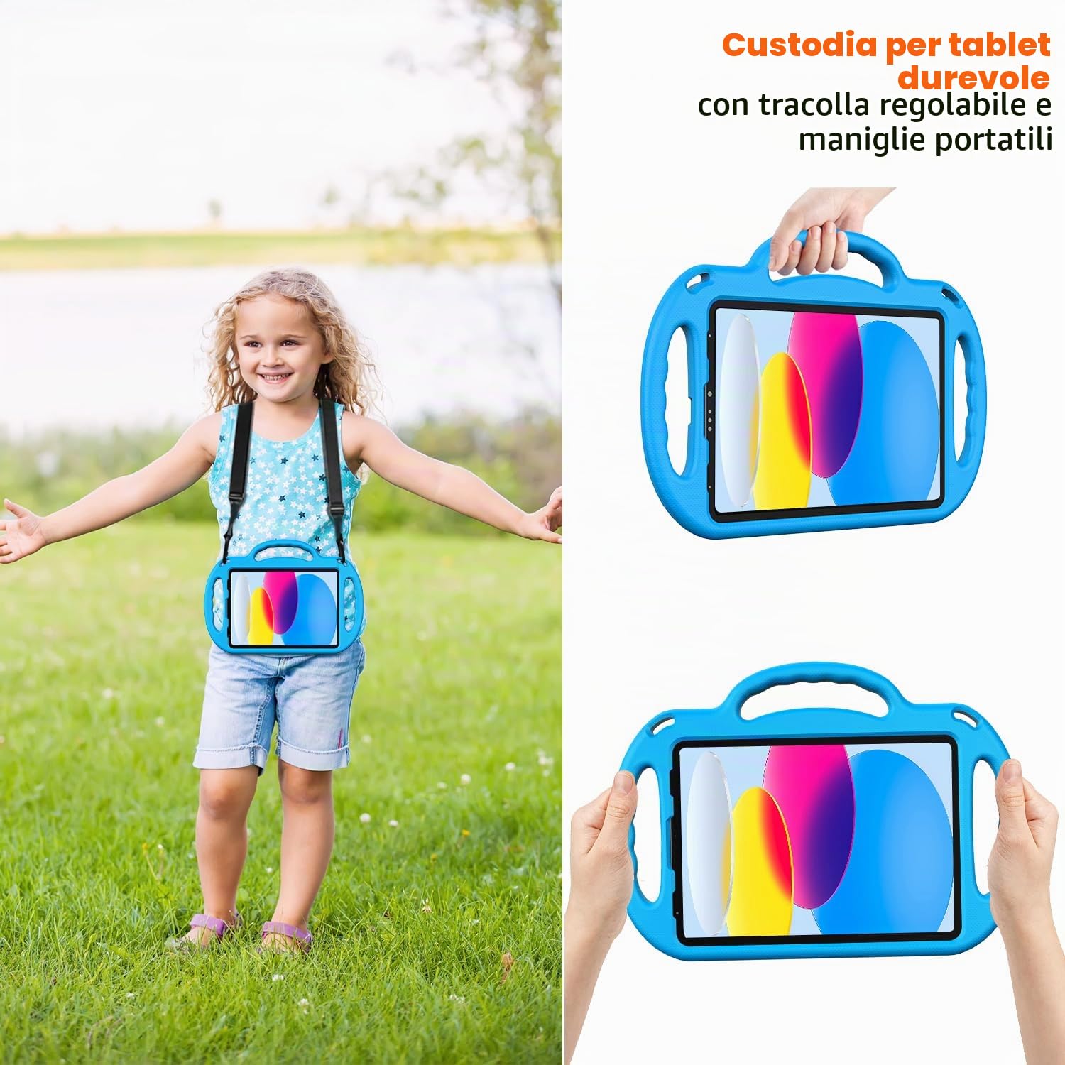 TopEsct Custodia per bambini per iPad (A16) 11a generazione 11 2025, iPad 10a generazione 11 2022, cavalletto integrato, custodia antiurto in silicone viene fornita con cinturino (viola e turchese