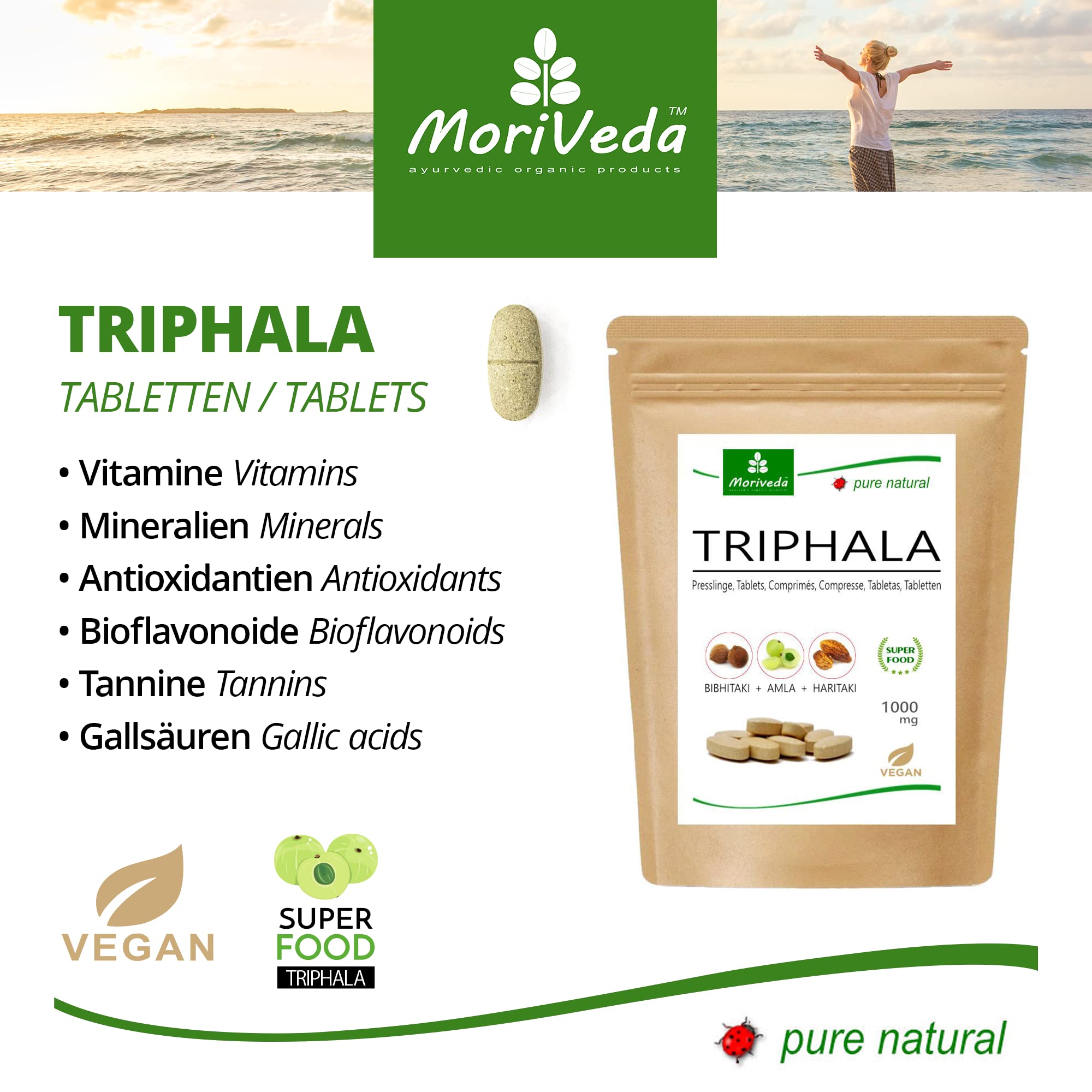 MoriVeda® Wohlbefinden Produktpaket | Triphala Tabletten, Moringa Kapseln, Ashwagandha Kapseln | Vitamine, Mineralien, Antioxidantien, Withanolide, sekundäre Pflanzenstoffe | Vegan