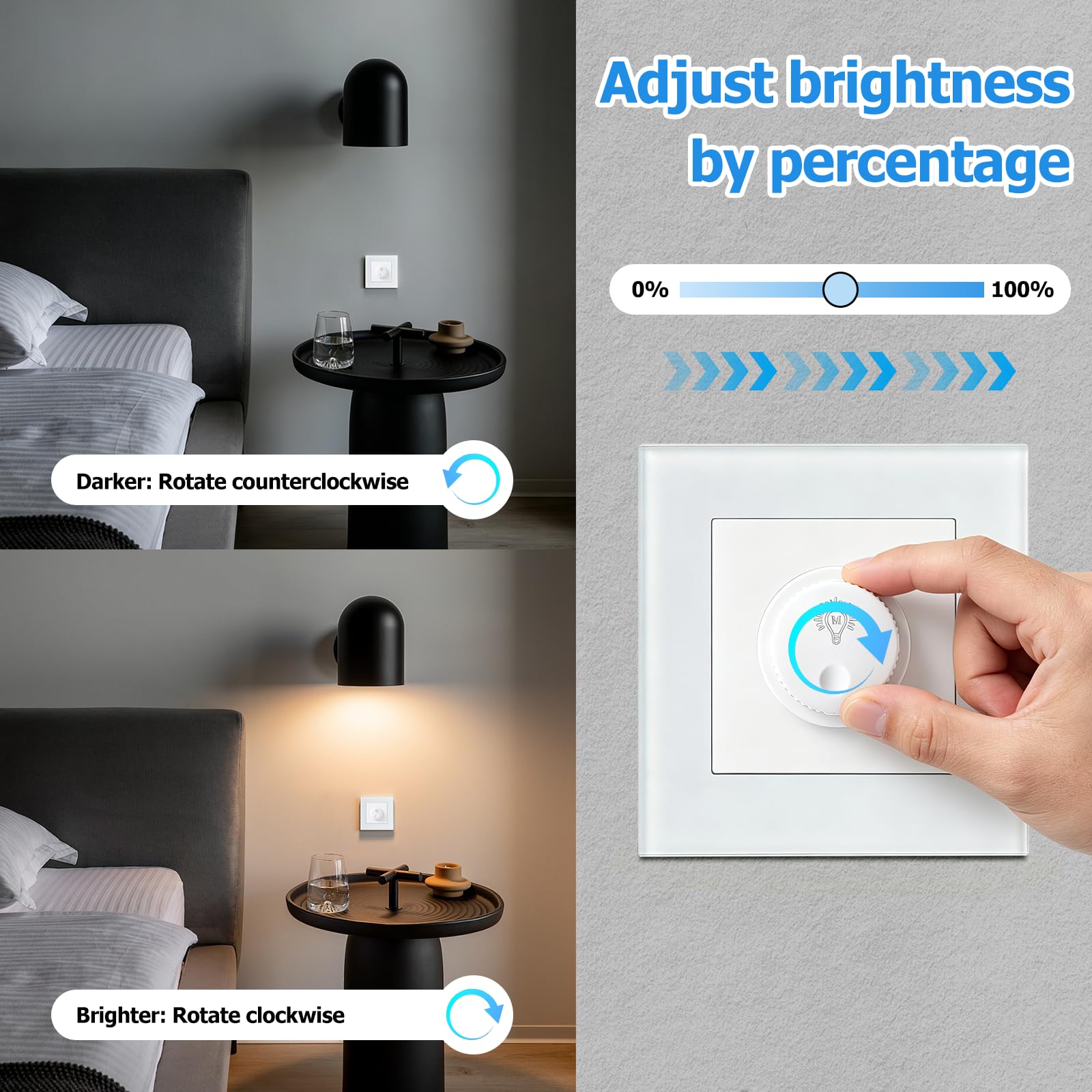 Interruptor Dimmer LED 220v, Regulador de Luz para LED Regulables de 1–60W / Halógenos de 15–300W, Dimmable Switch Protección Segura, Sin Ruido
