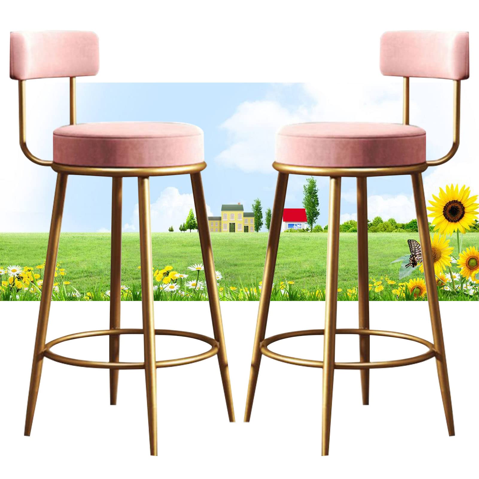 Chaise de bar haute pour comptoir et îlot de cuisine en velours rose x2