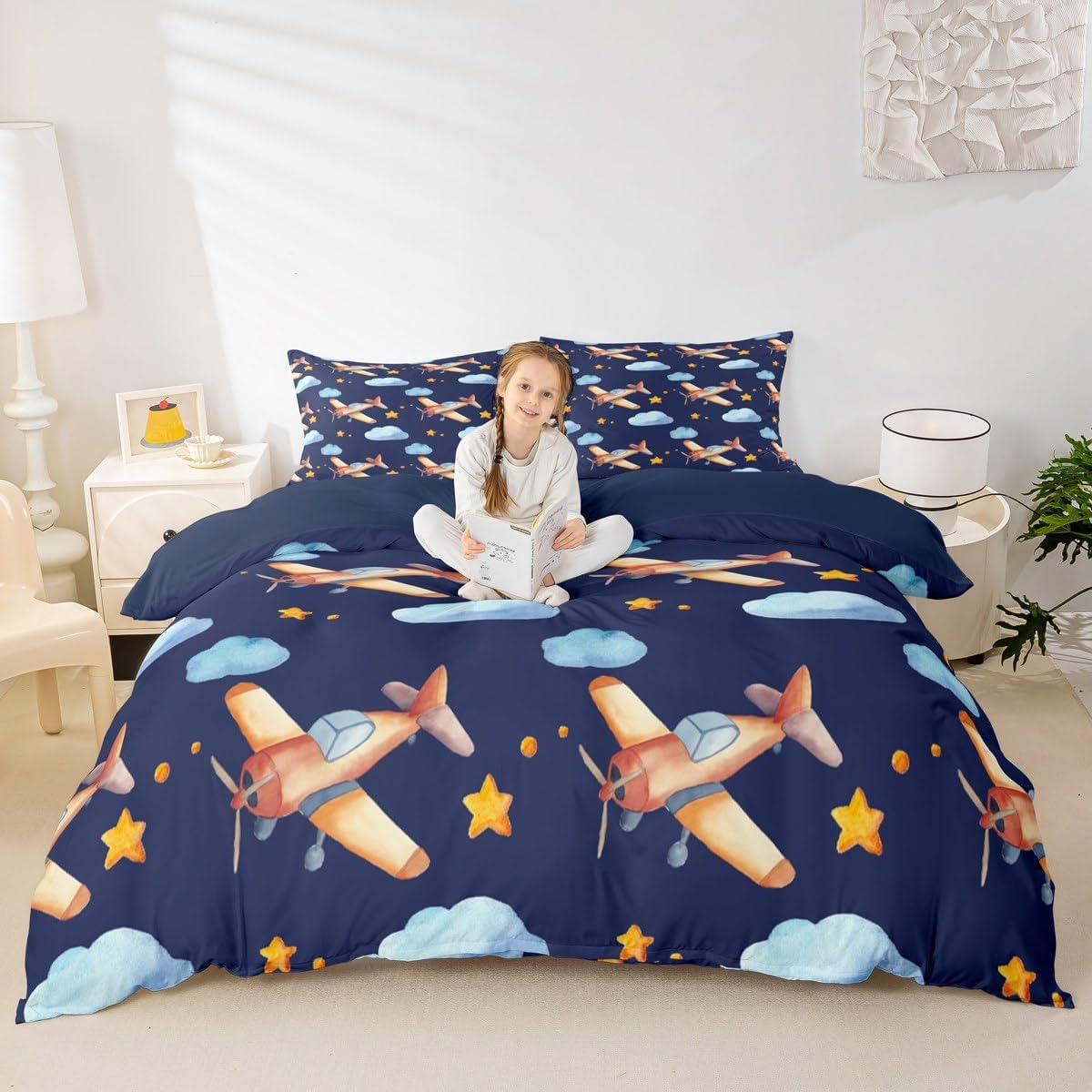 Erosebridal Kids Aircraft Comforter Cover Blue Clouds Bed Set, Watercolor Airplane Duvet Cover Full Size Navy Blue Bedding Sets Cartoon Flying Plane Bedspread Cover with 2 Pillowcase Soft Cozy