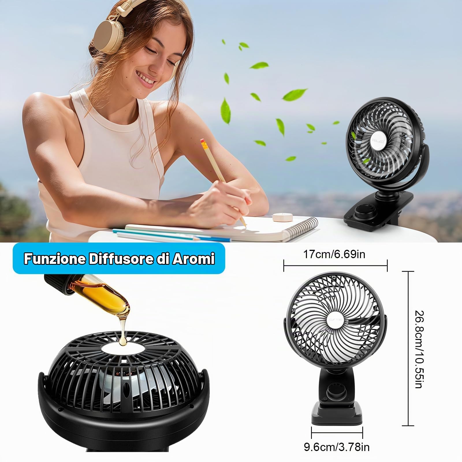 ELZO Ventilatore da scrivania USB a clip, 20000 mAh, ricaricabile a batteria, luce LED, rotazione a 360°, velocità continua, super silenzioso, portatile, per ufficio, passeggino, auto, campeggio