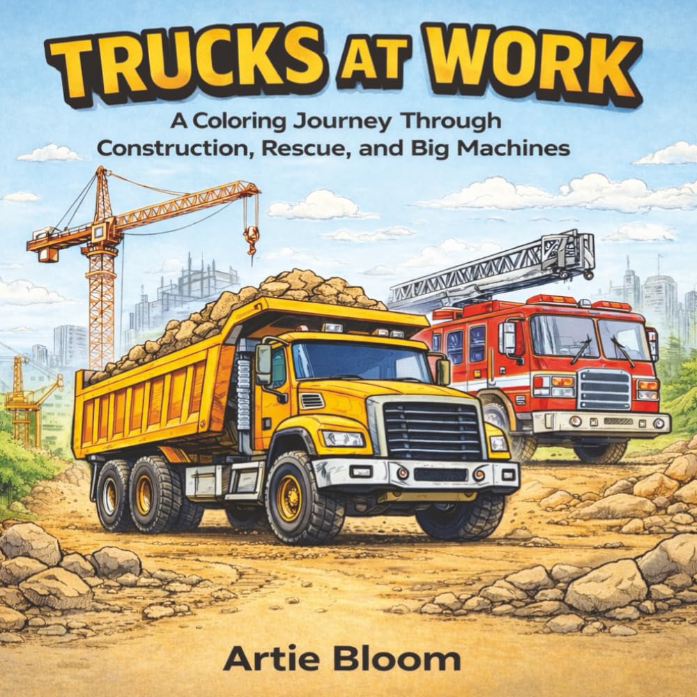 Trucks at Work – A Coloring Journey Through Construction, Rescue, and Big Machines: Fire Trucks, Dump Trucks, Garbage Trucks, and Construction ... Realistic Truck Coloring Pages for All Ages