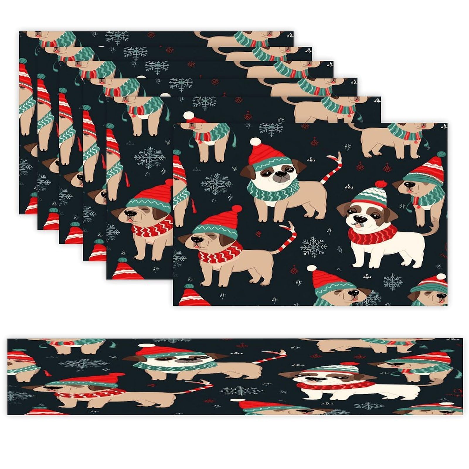 Merry Christmas Dog Table Runner and Placemats Set of 6 for Kitchen Washable Table Mats Heat Resistant Place Mats Non-Slip Place Mat Wipeable Placemat(6 Placemats+1 Table Runner)