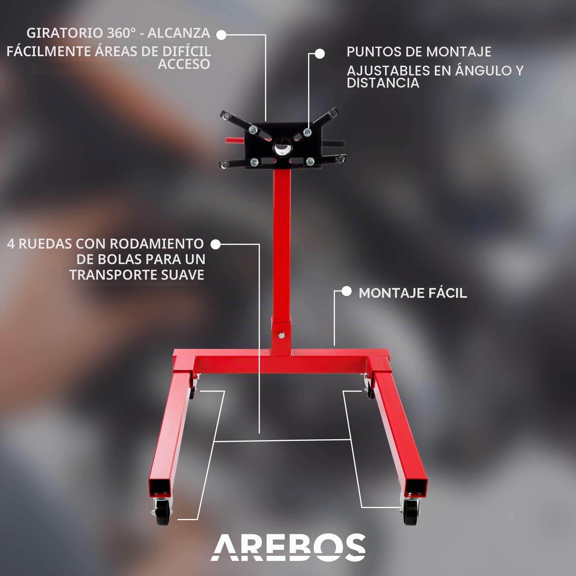 Arebos Soporte del Motor | Soporte de la Caja de Cambios | Soporte de Montaje | Motor 570 kg | 360° Giratorio | Rojo | Robusto | con rodamiento de Bolas