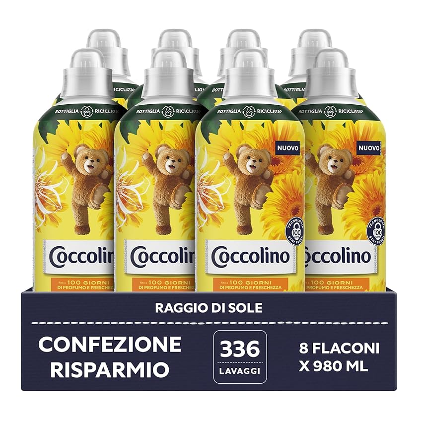 Immagine del prodotto Coccolino Ammorbidente Concentrato Raggio di Sole, Ammorbidente Lavatrice con Tecnologia Stay Fresh, Profumazione all'Arancia, Gelsomino e Ambra, Formato Fino a 336 Lavaggi, 8 Pezzi da 980 ml
