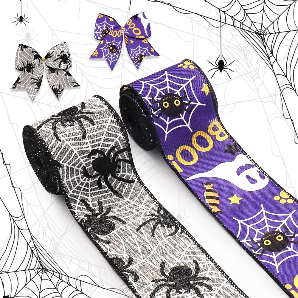 2 Rolls Halloween Fabric Ribbons Halloween Burlap Linen Ribbons Gray Spider Web Purple Ghost Boo Words Edge Wired Decor Ribbons for Halloween Party Decoration Gift Wrapping Crafts Supplies 5 Yards