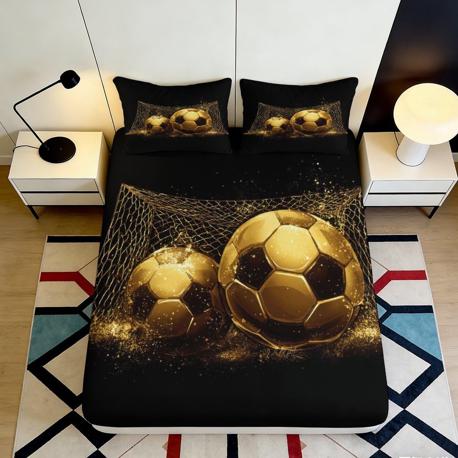3D Printed Football Fitted Sheet Microfiber Deep Pocket Non-Slip Bedroom Soccer Mattress Fitted Cover for Adults Teens 200x200x25cm 90x200x25cm