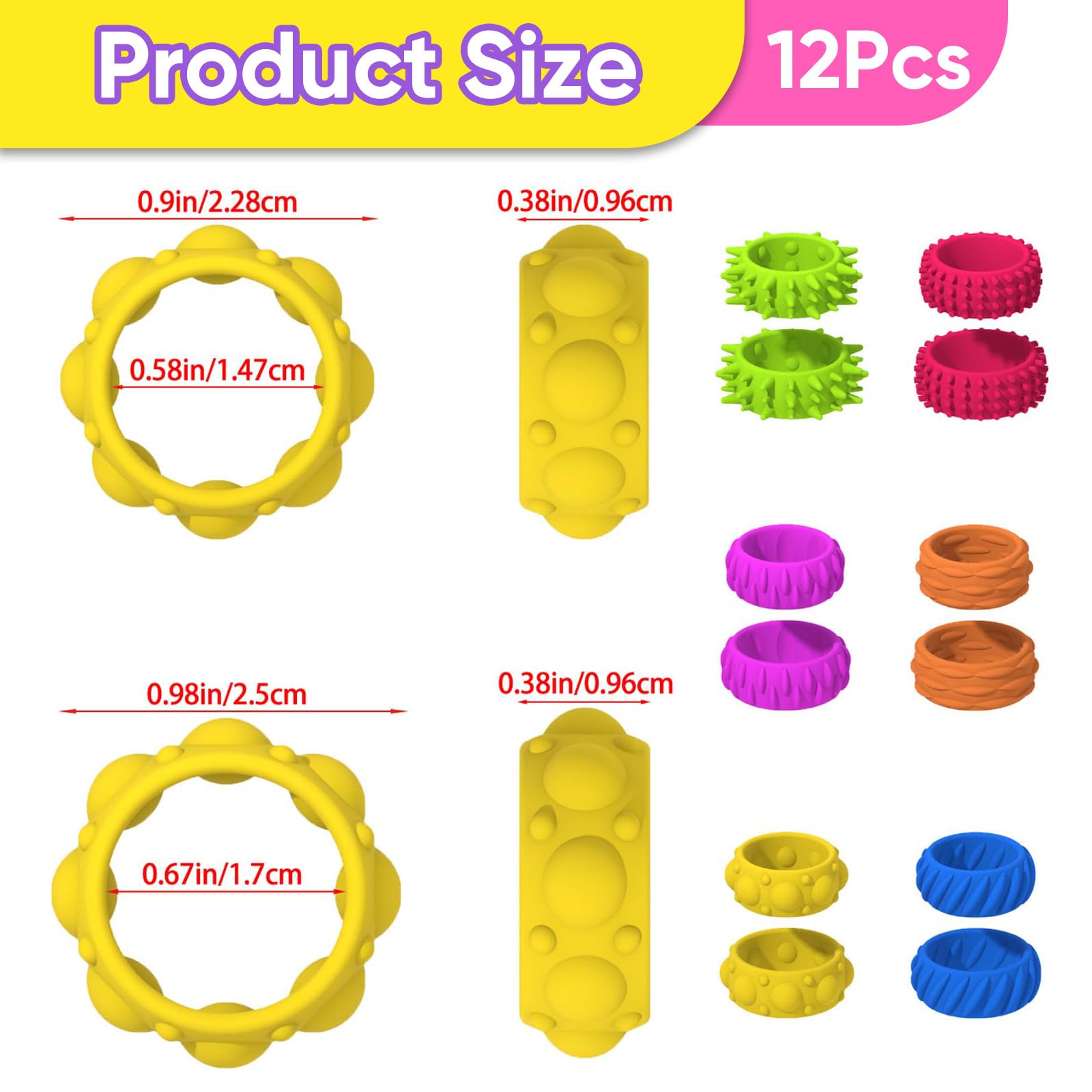 Fidget Toy Sensory Rings Adults, 12PCS Silent Fidget Toys for Anxiety Relief & Autism, Sensory Rings for Classroom Focus - Image 2