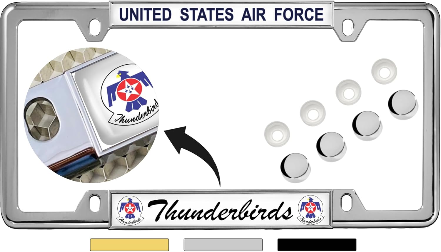 [Officially Licensed U.S. Air Force Product] - USAF Thunderbirds - Domed Custom-Made Personalized Narrow (Thin) Top 4 Hole Metal Car License Plate Frame with Free caps - Chrome (Qty: 1 Frame)