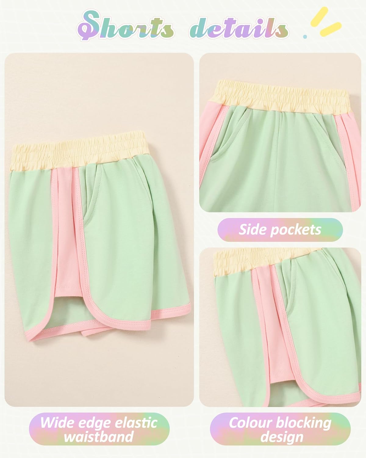 SANMIO Toddler Girl Clothes Summer Toddler Girls Color Block Short Sleeve Shorts Sweatsuit Outfits 2 Piece Clothing Set - Image 6