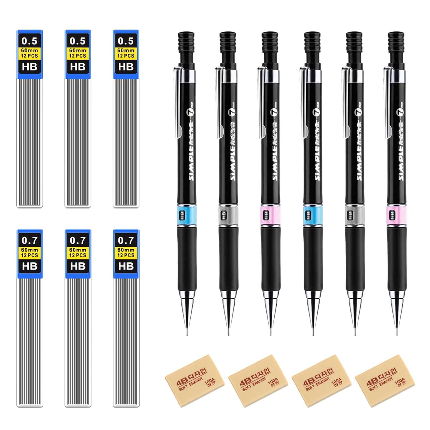RYAN 6 Piezas Lápiz Automático Portaminas y Recarga de Lapiz de 0.7/0.5 mm No Es Fácil de Romper Juego de Portaminas para Dibujo Escritura Bosquejo