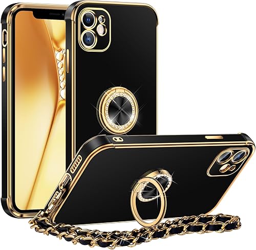 Miss Arts Funda para iPhone 11 con soporte, funda para teléfono con soporte de anillo, para mujeres y niñas, bonita correa de muñeca de lujo, funda