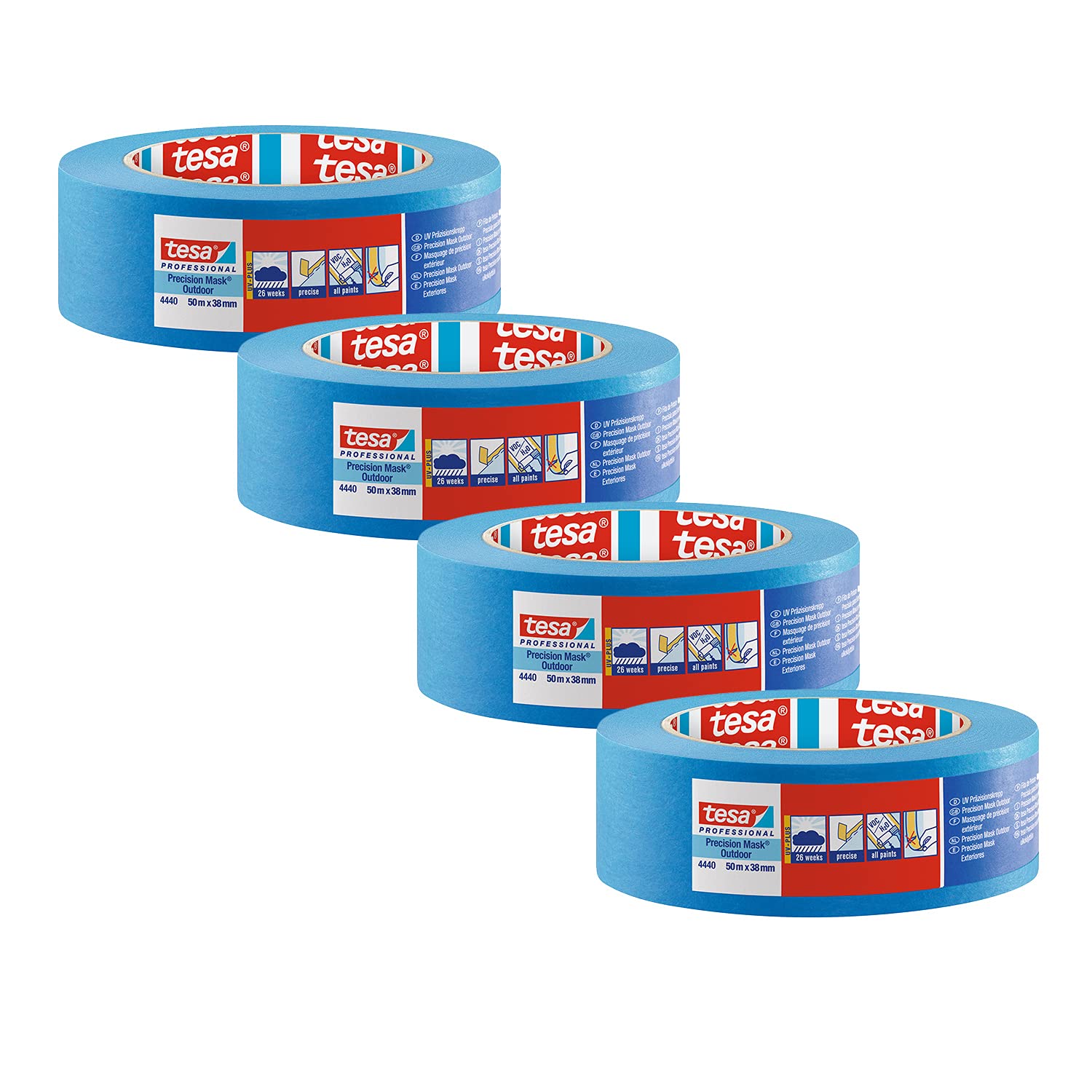 tesa Crêpe de précision 4440 Extérieur Ruban de peintre UV-PLUS - Pack de 4 - Crêpe de peintre résistant aux intempéries pour l'extérieur - pour masquer et couvrir avec précision - bleu - 50 m x 38 mm
