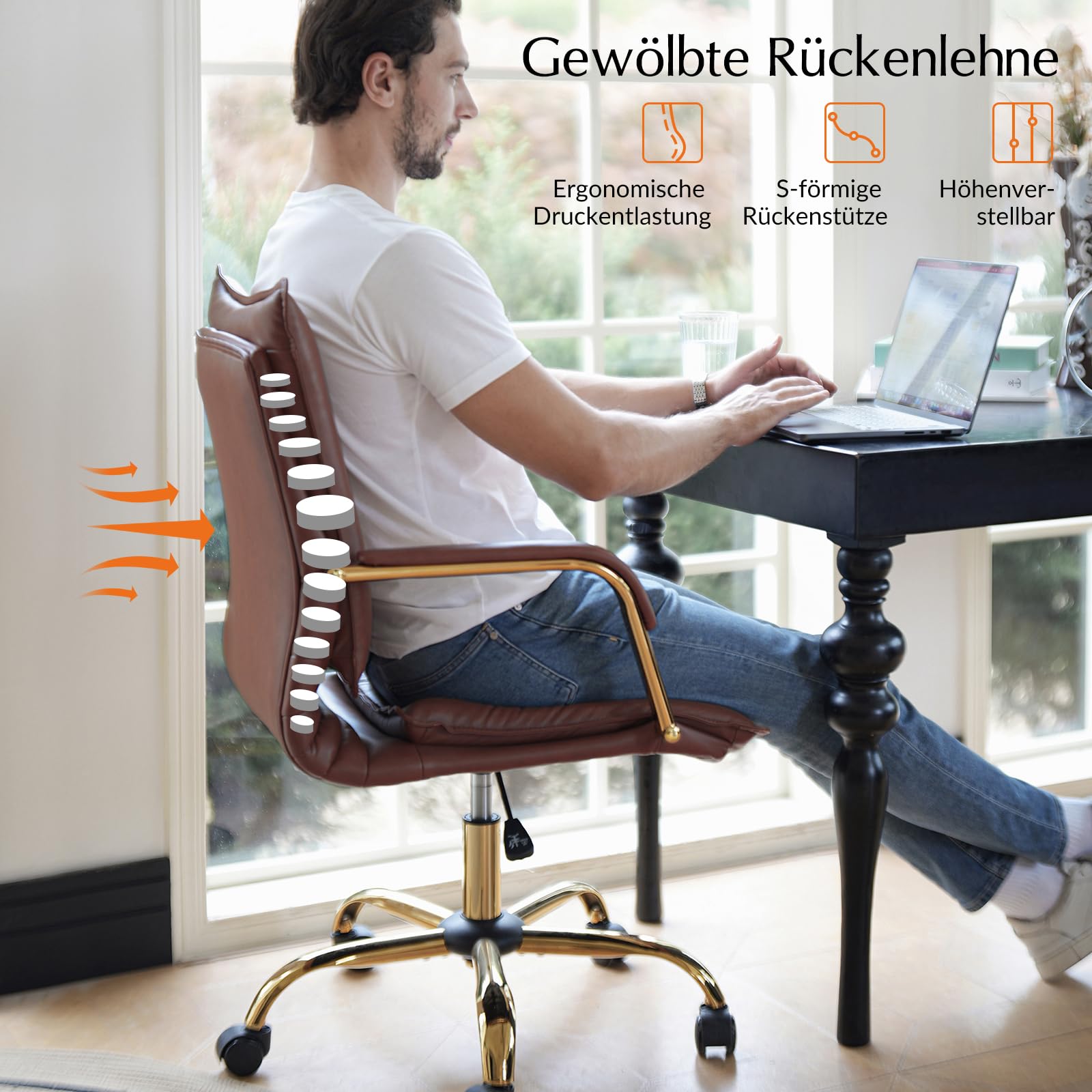 HULALA HOME Moderner Bürostuhl mit Armlehnen höhenverstellbarem Schreibtischstuhl Drehstuhl aus Kunstleder mit 5-Rad-Rolle stabile Metallbasis, Braun