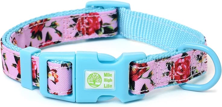 Mile High Life | Girl Dog Collars | Cute Dog Collar Lightweight | Soft Poly Cotton Fabric Collars for Small Dogs | Flower & Fruit Pattern Peony Rose, Collar -S