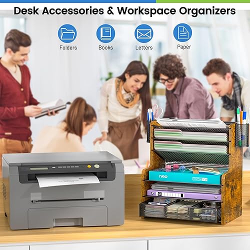 Miniatura 6 de Organizador de escritorio de malla de 6 niveles con cajón, organizador de oficina de madera para papeles, carpetas y suministros de oficina, soporte