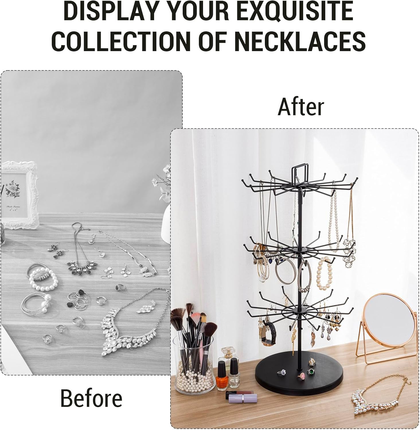 MyGift 3-Tier Matte Black Metal Jewelry Tree Display Stand – 360 Rotating Necklace & Bracelet Organizer Tower with 36 Hooks and Top Sign Holder