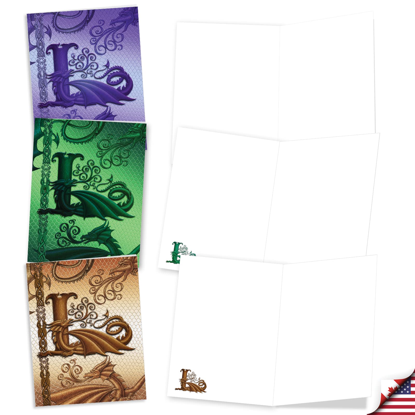 The Best Card Company - 20 Assorted Colored Monogram Blank Notecards, Personal Stationary Bulk Box Set 4 X 5.12 Inch W/Envelopes, Miss You And Just Because Notes - Dragon Initials L AM10317OCB-B2x10