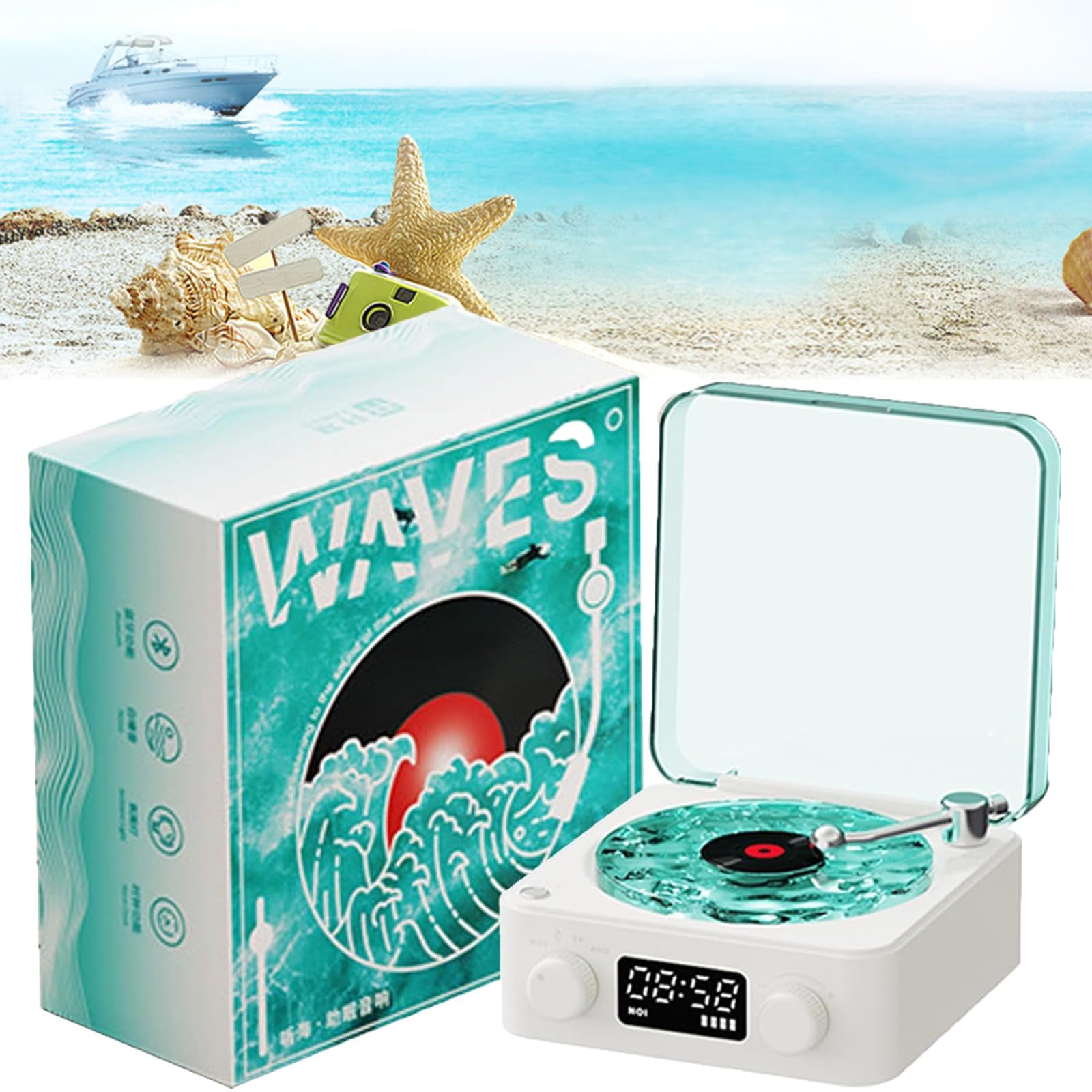 Waves Vinyl Bluetooth Speaker, The Waves Vinyl Player, 2024 New Vintage Vinyl Record Player, Waves Vinyl Player with Adjustable Lights Use Sleep Aid, for Bedroom (White)