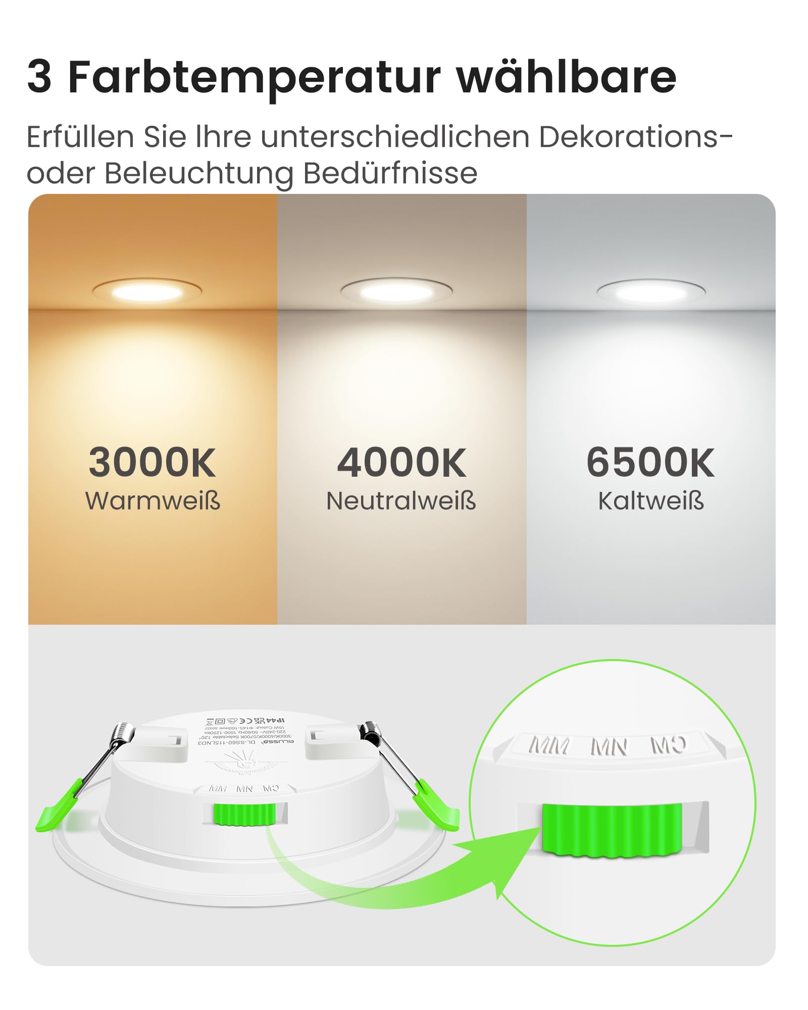 ALUSSO LED Einbaustrahler Dimmbar 15W 230V Slim Flach Deckenleuchte, 1200 Lumen Warmweiß Neutralweiß Kaltweiß Einbauleuchten 32mm Einbautiefe, IP44 Deckenspots für Badezimmer, 6er Set