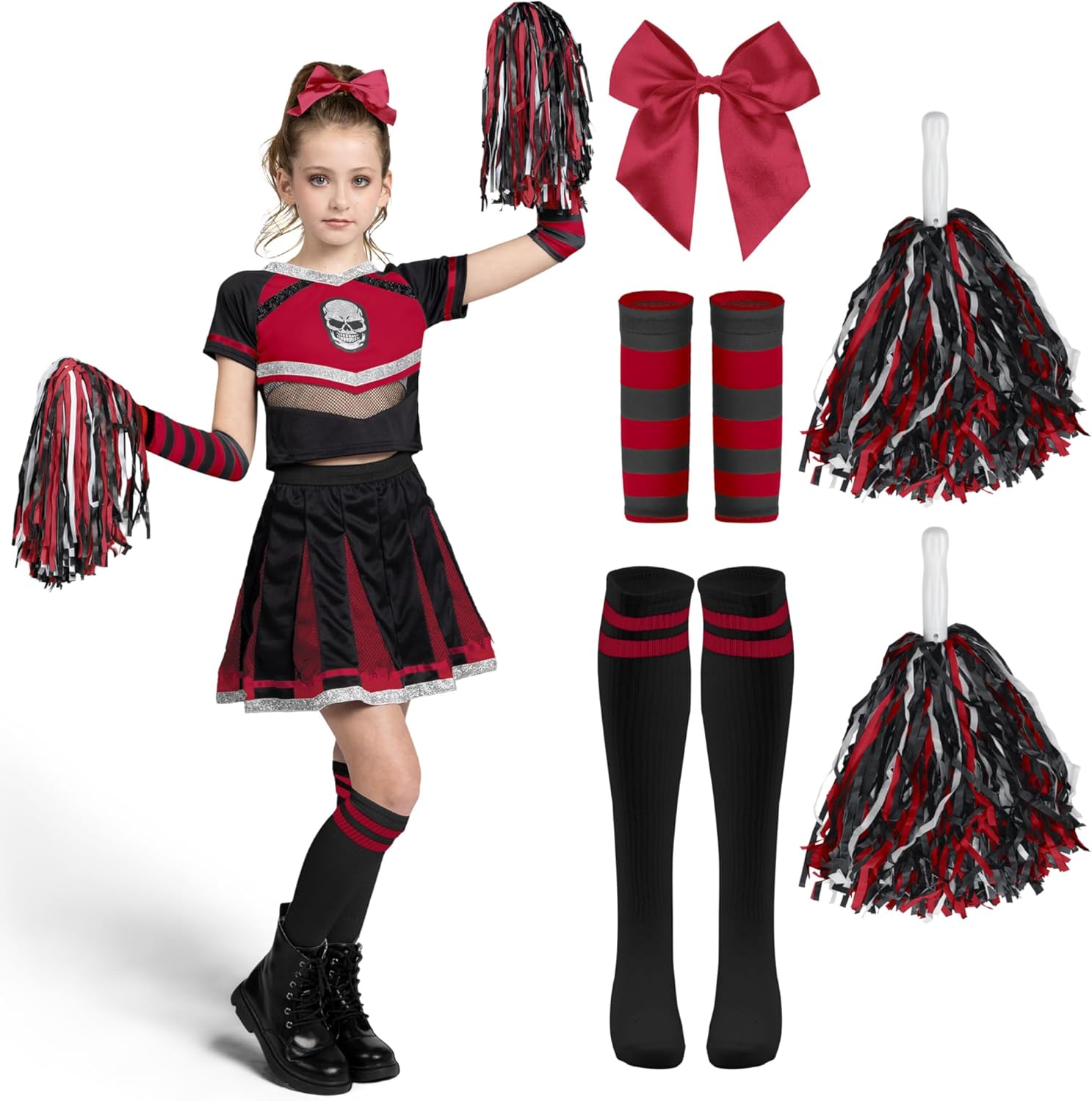 Spooktacular Creations Halloween Cheerleader Costume Girls, Bad Spirit Costume for Kids, Skull Scary Outfit with Accessories Black Red Small(5-7 yrs)