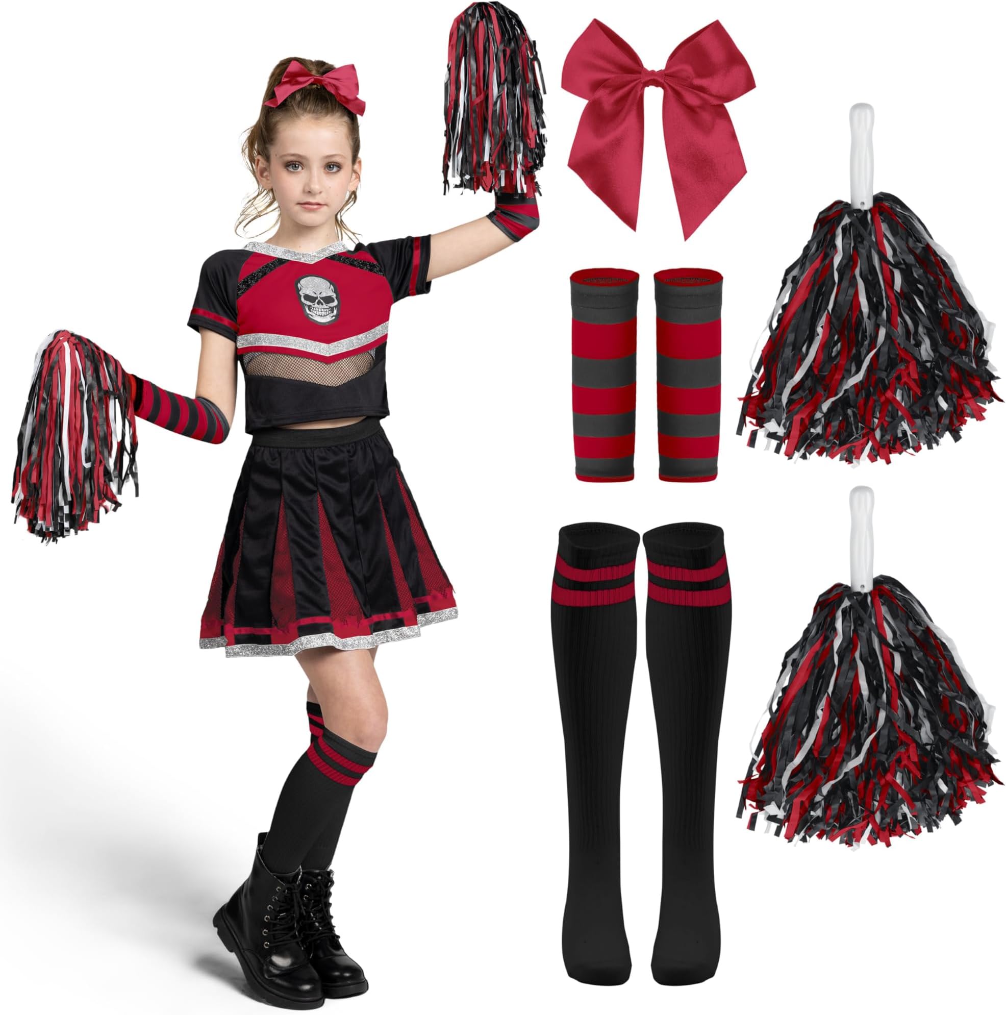 Halloween Cheerleader Costume Girls, Bad Spirit Costume for Kids, Skull Scary Outfit with Accessories